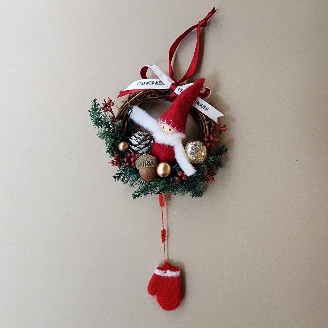 Xmas|永生雪松| 干燥花圈 XS迷你红色小帽娃娃圣诞花圈交换礼物 - 干燥花/捧花 - 植物．花 绿色