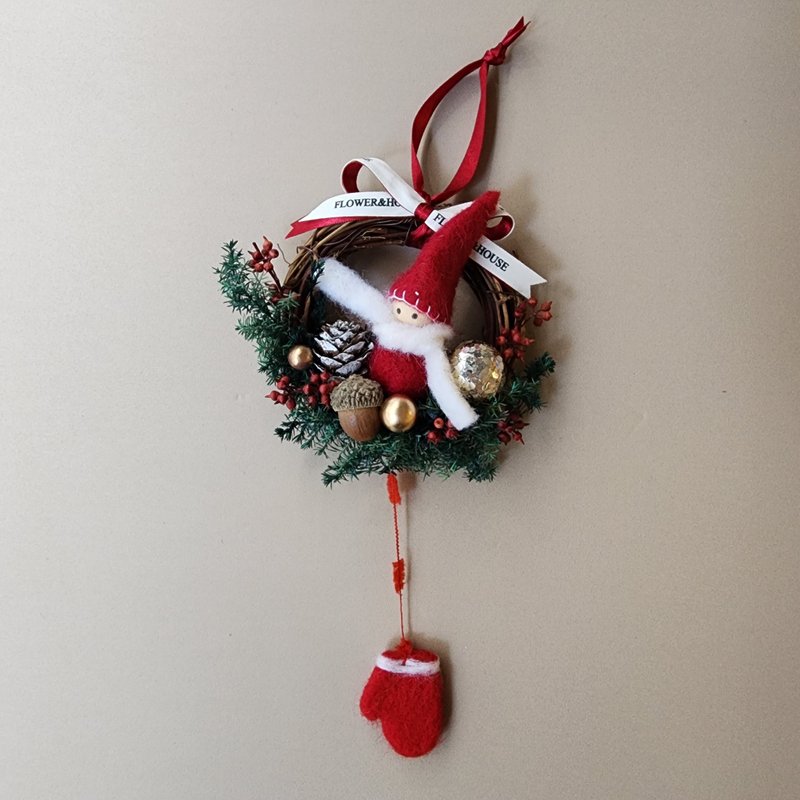 Xmas|永生雪松| 干燥花圈 XS迷你红色小帽娃娃圣诞花圈交换礼物 - 干燥花/捧花 - 植物．花 绿色