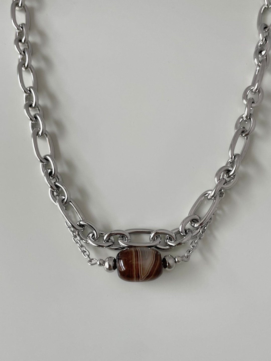 Sardonyx Stone chain Necklace - 项链 - 不锈钢 银色