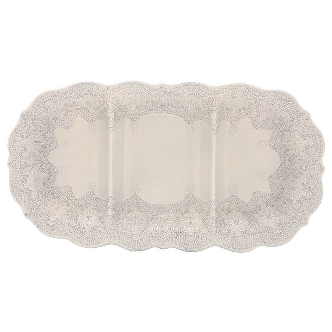 意大利VBC casa-手工浮雕蕾丝系列 40x22cm三格点心盘(米白色) - 盘子/餐盘/盘架 - 陶 白色
