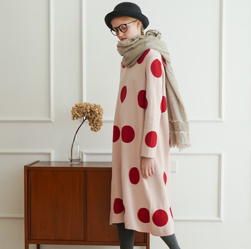 红点点粉色长袖连身裙 厚棉衣 - imakokoni - 洋装/连衣裙 - 棉．麻 红色