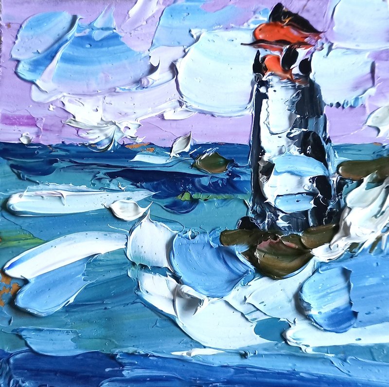 Lighthouse Painting Ocean Original Art Small Impasto Oil Painting by Verafe - 海报/装饰画/版画 - 其他材质 蓝色