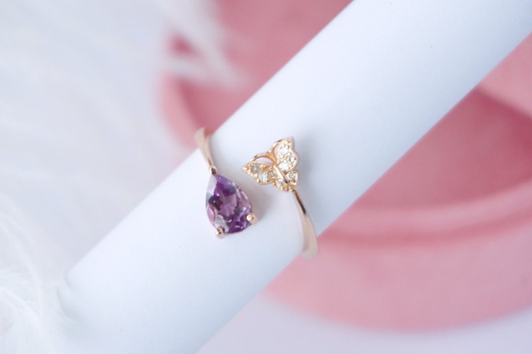 Natural Amethyst Ring Silver with rose gold plated, butterfly Resizable ring - 戒指 - 纯银 蓝色