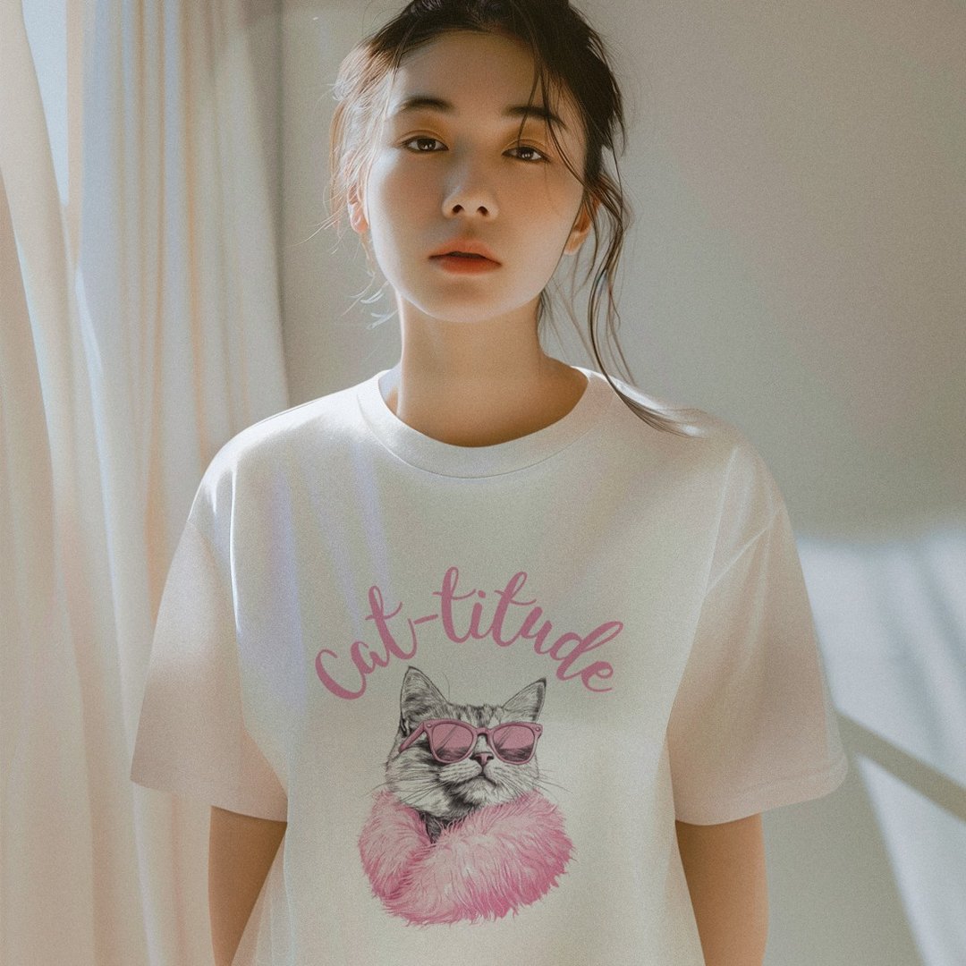 CAT TITUDE 中性短袖T恤 白色 交换礼物猫咪毛小孩圣诞插画设计 - 女装 T 恤 - 棉 白色