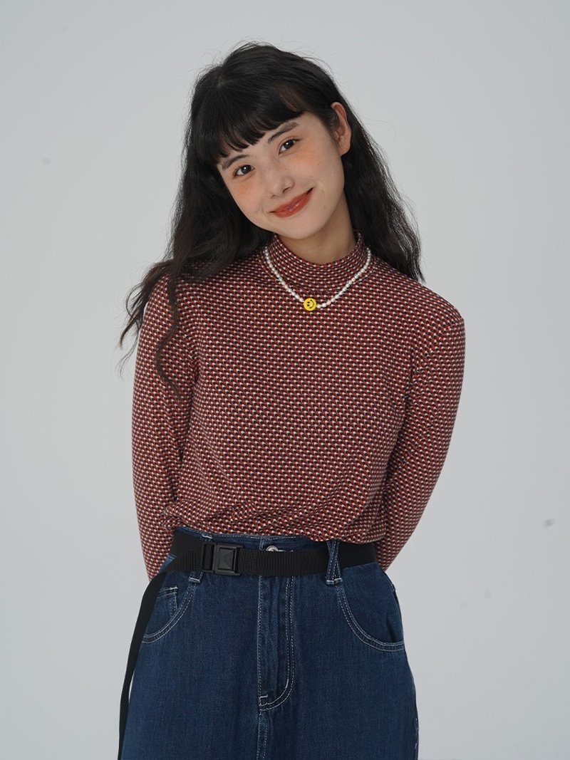 odd maker 半高领复古豹纹长袖t恤女早秋款可爱风内搭打底上衣 - 女装上衣 - 其他人造纤维 