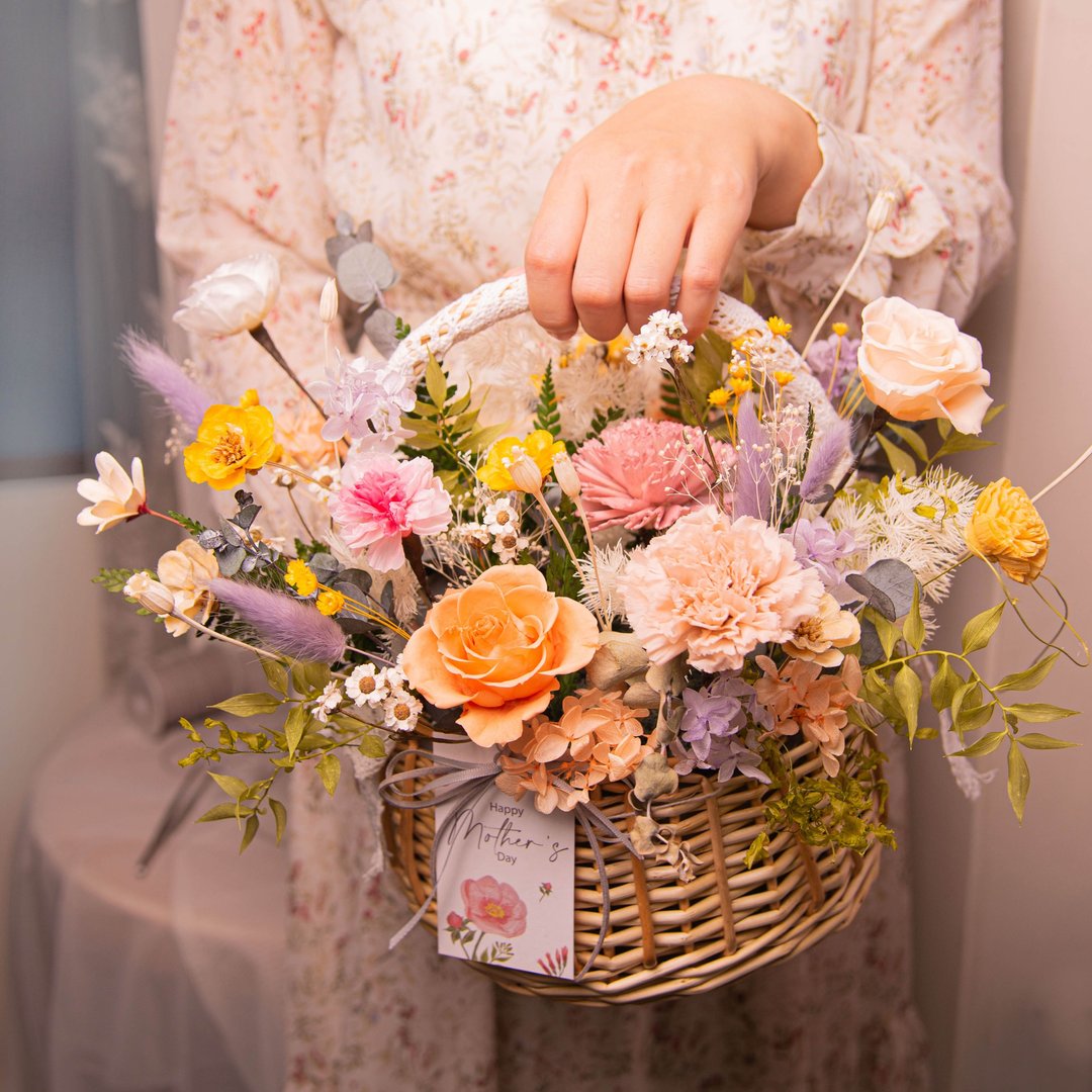 【春夏浪漫】韩式花篮 母亲节花束 永生花 干燥花  / 康乃馨花束 - 干燥花/捧花 - 植物．花 粉红色