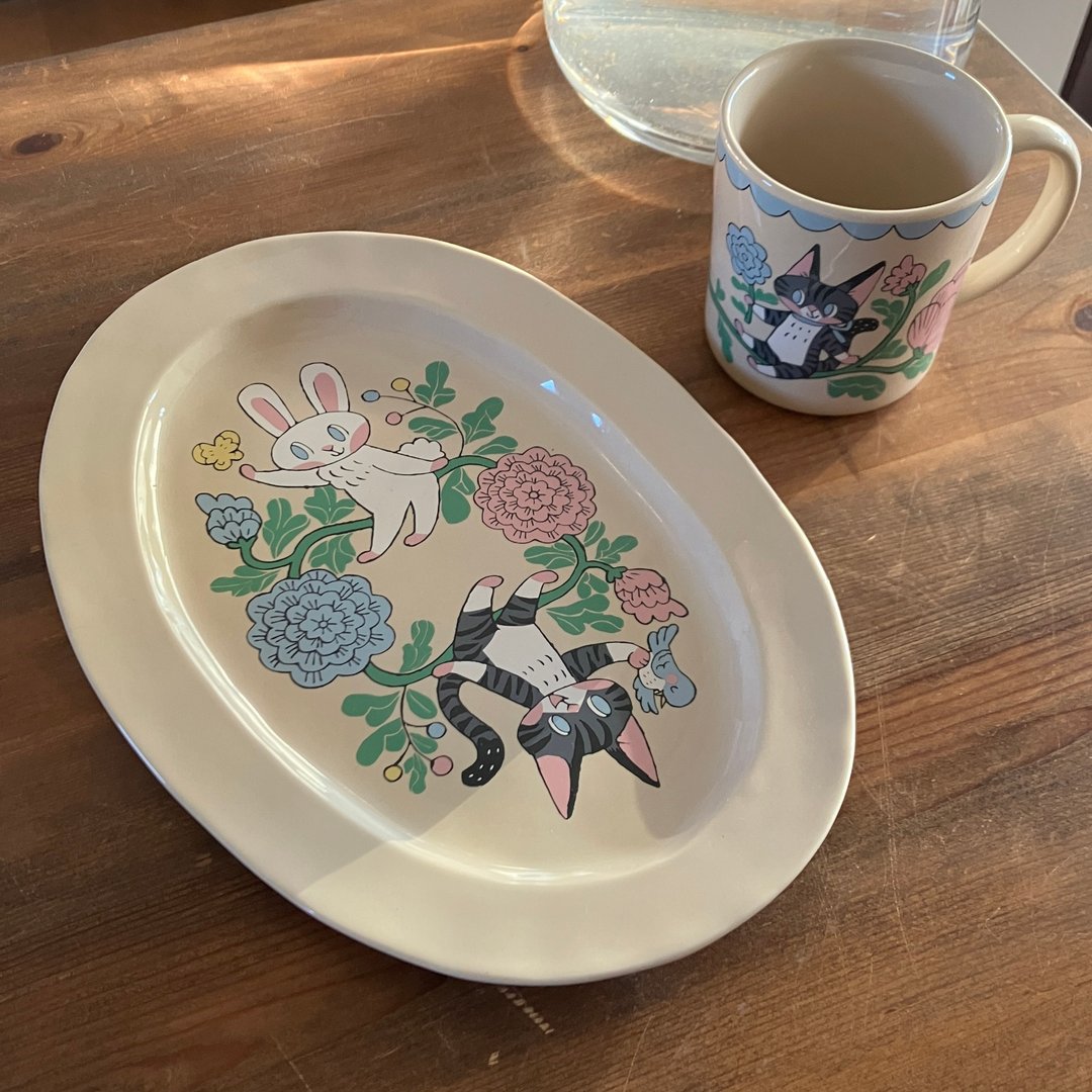 猫咪与兔子的花卉图样 美浓烧椭圆餐盘 - 盘子/餐盘/盘架 - 陶 多色