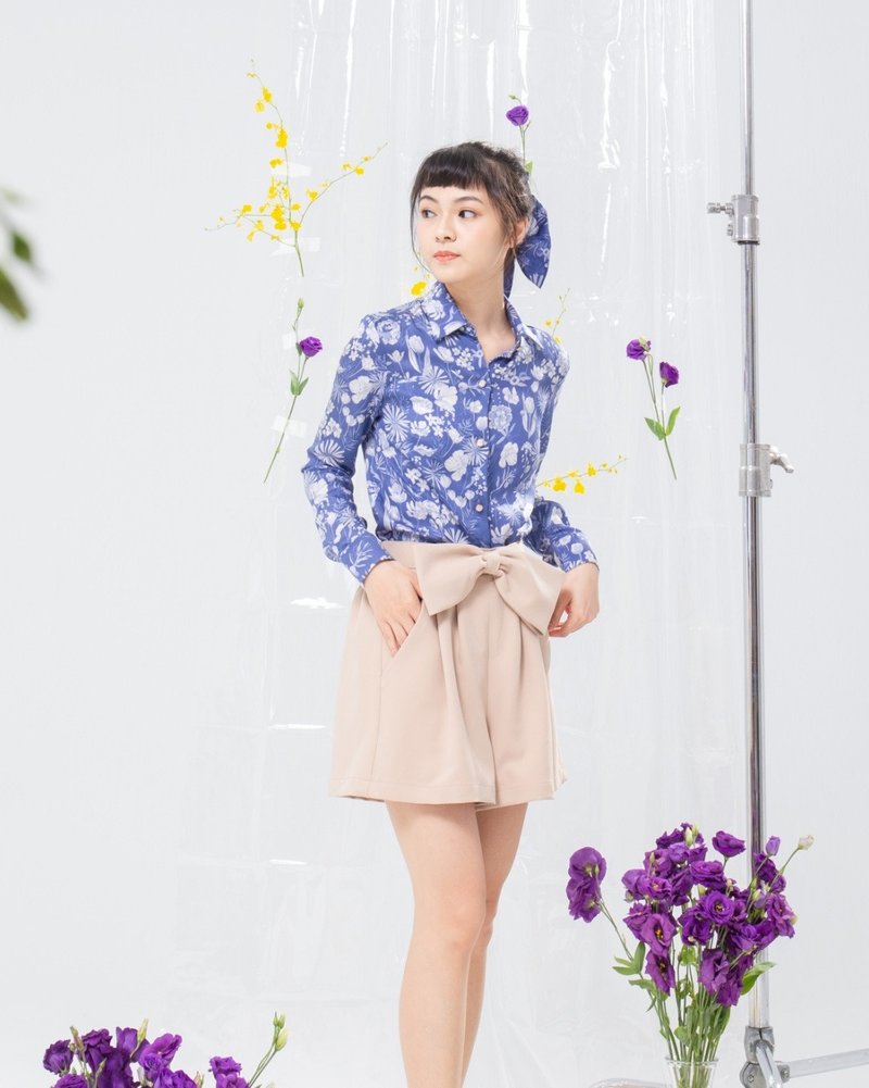 【波丽印花】上班族花花俏俏衬衫 复古琉璃绀 奥地利天丝 XS-3XL - 女装衬衫 - 棉．麻 蓝色