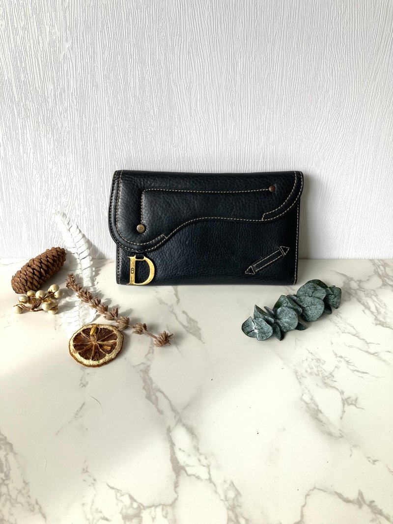 【特选货品】中古二手Dior黑色金扣皮革马鞍长夹零钱包手拿袋 - 皮夹/钱包 - 真皮 黑色