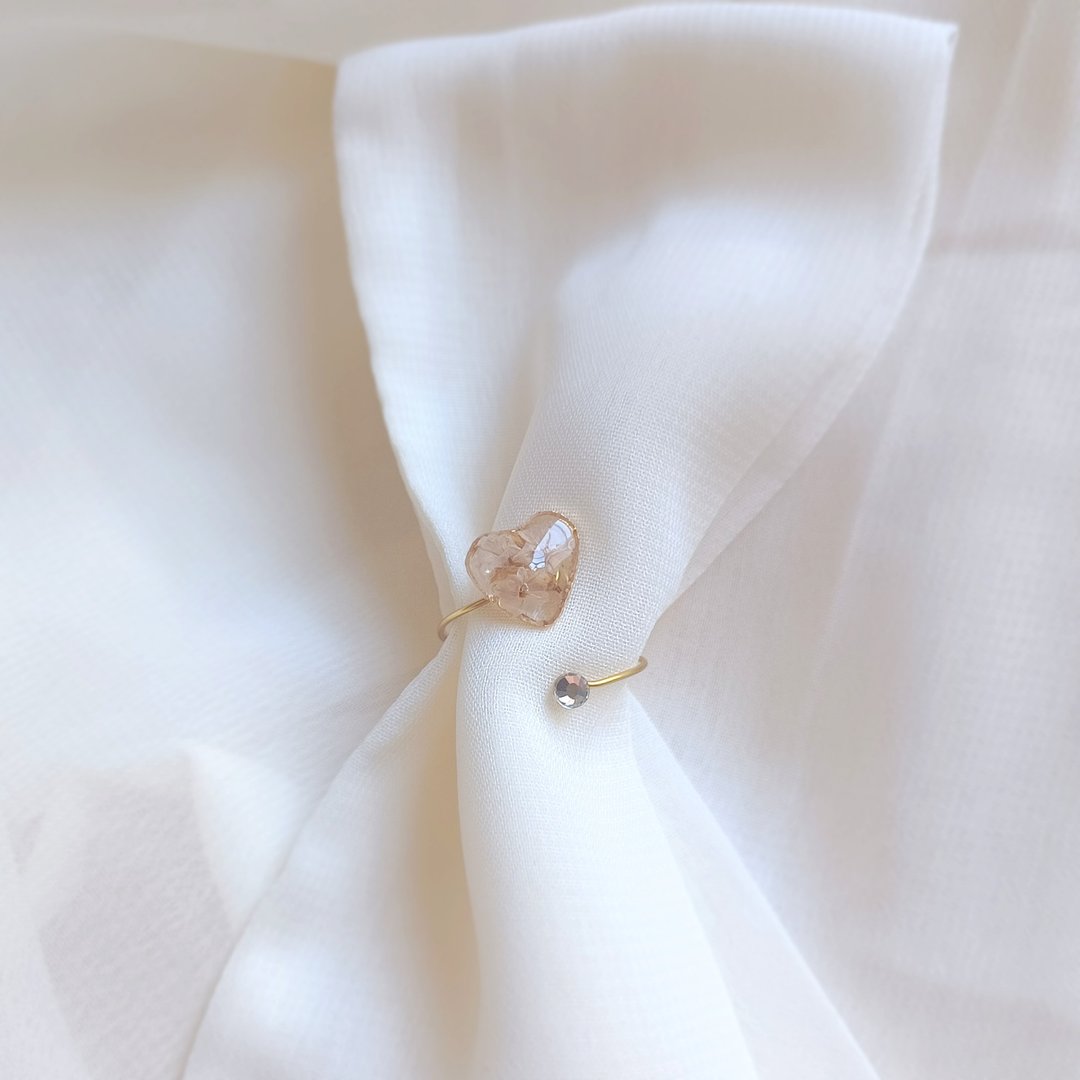 open heart ring Dried flower heart open ring NO.01 (hybrid statice, one size fits all) - 戒指 - 植物．花 粉红色