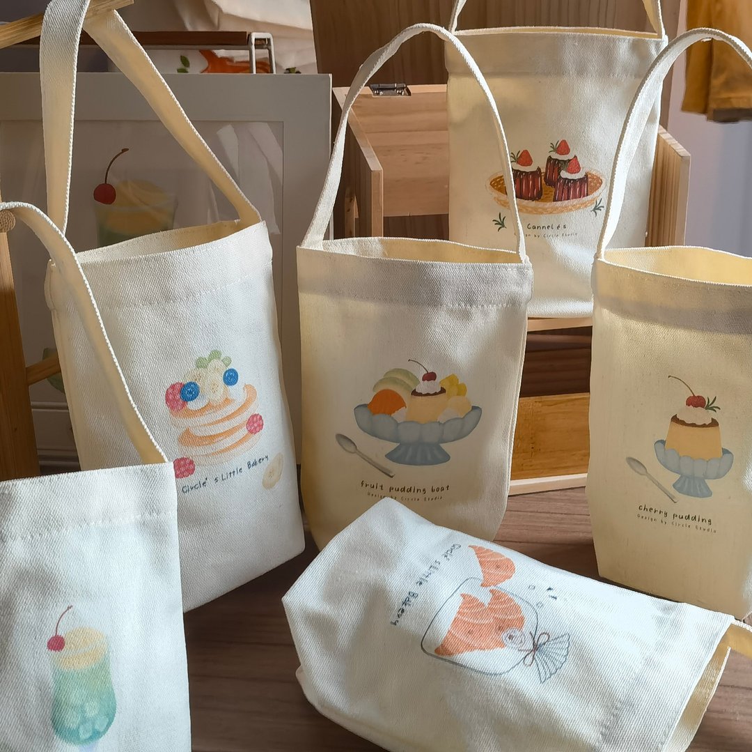 ins迷你插画环保水杯自制饮料提袋手工帆布奶茶袋饮品小号可爱袋 - 手提包/手提袋 - 其他材质 