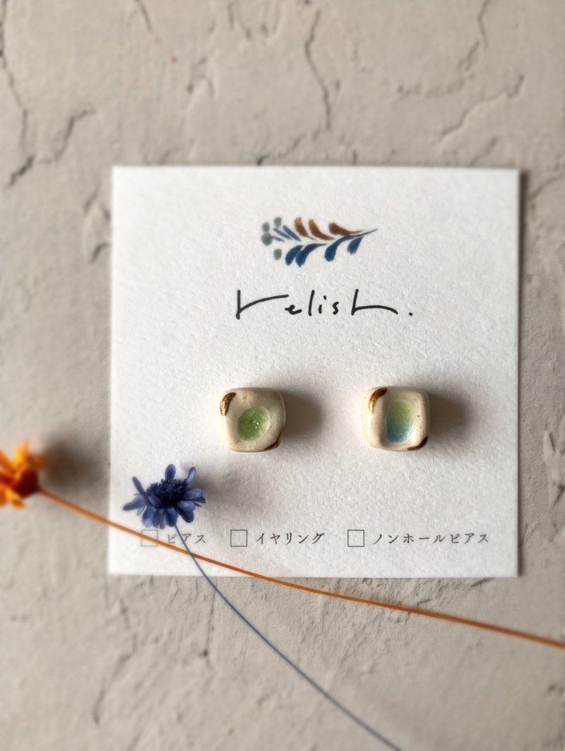 晶莹剔透 / 玻璃 / 陶器 / 金继 / 线条 / 耳环 / 耳夹 / 无耳洞耳夹 / 小巧 / 简约 / 和风 / 金色 - 耳环/耳夹 - 陶 绿色