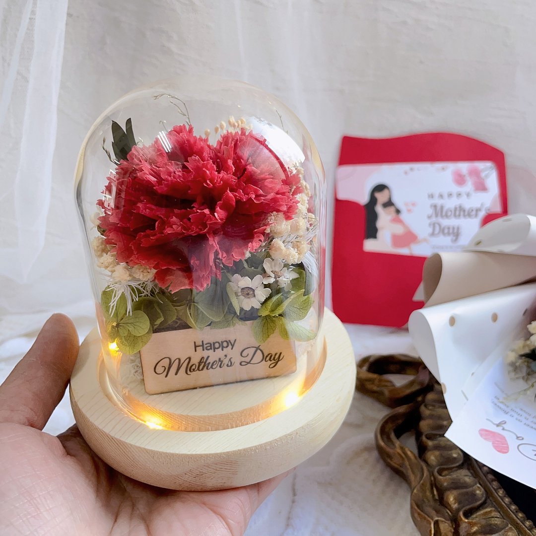 不朽的爱 母亲节玻璃盅罩 永生花康乃馨小夜灯玻璃罩 母亲节礼物 - 干燥花/捧花 - 植物．花 多色
