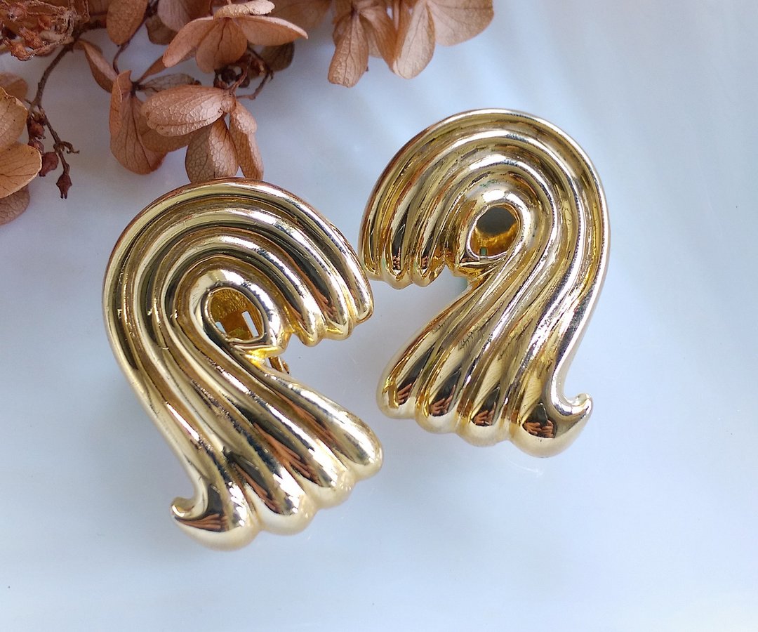 Vintage Jewelry 西洋古董饰品 对称 波浪  夹式耳环 - 耳环/耳夹 - 其他金属 金色