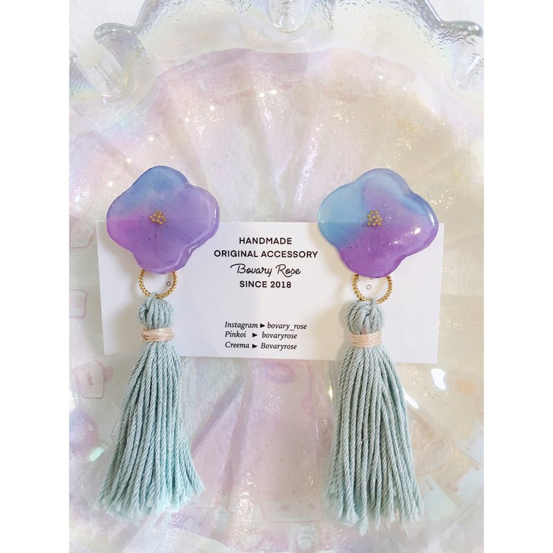 手绘水彩染色花漾系列 粉与紫 2way耳夹式耳环 流苏可拆卸 - 耳环/耳夹 - 塑料 多色