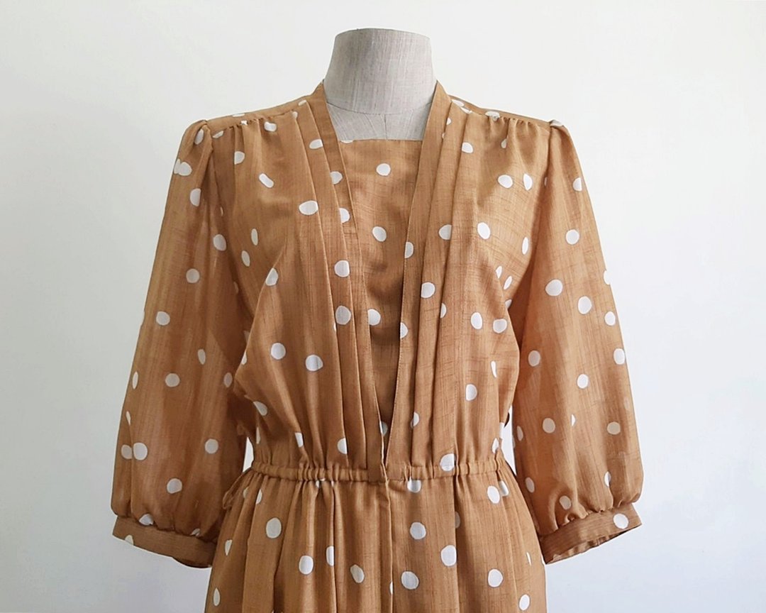 Vintage Brown White Polka Dot Dress - 洋装/连衣裙 - 聚酯纤维 咖啡色