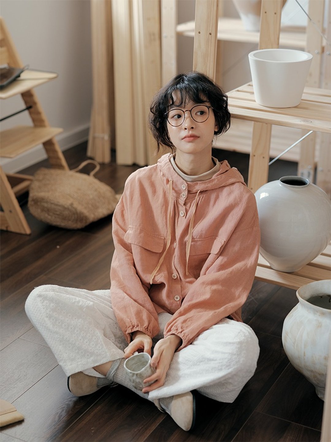 粉色亚麻风格穿搭连帽外套 复古日系宽松 秋 - 女装休闲/机能外套 - 棉 多色