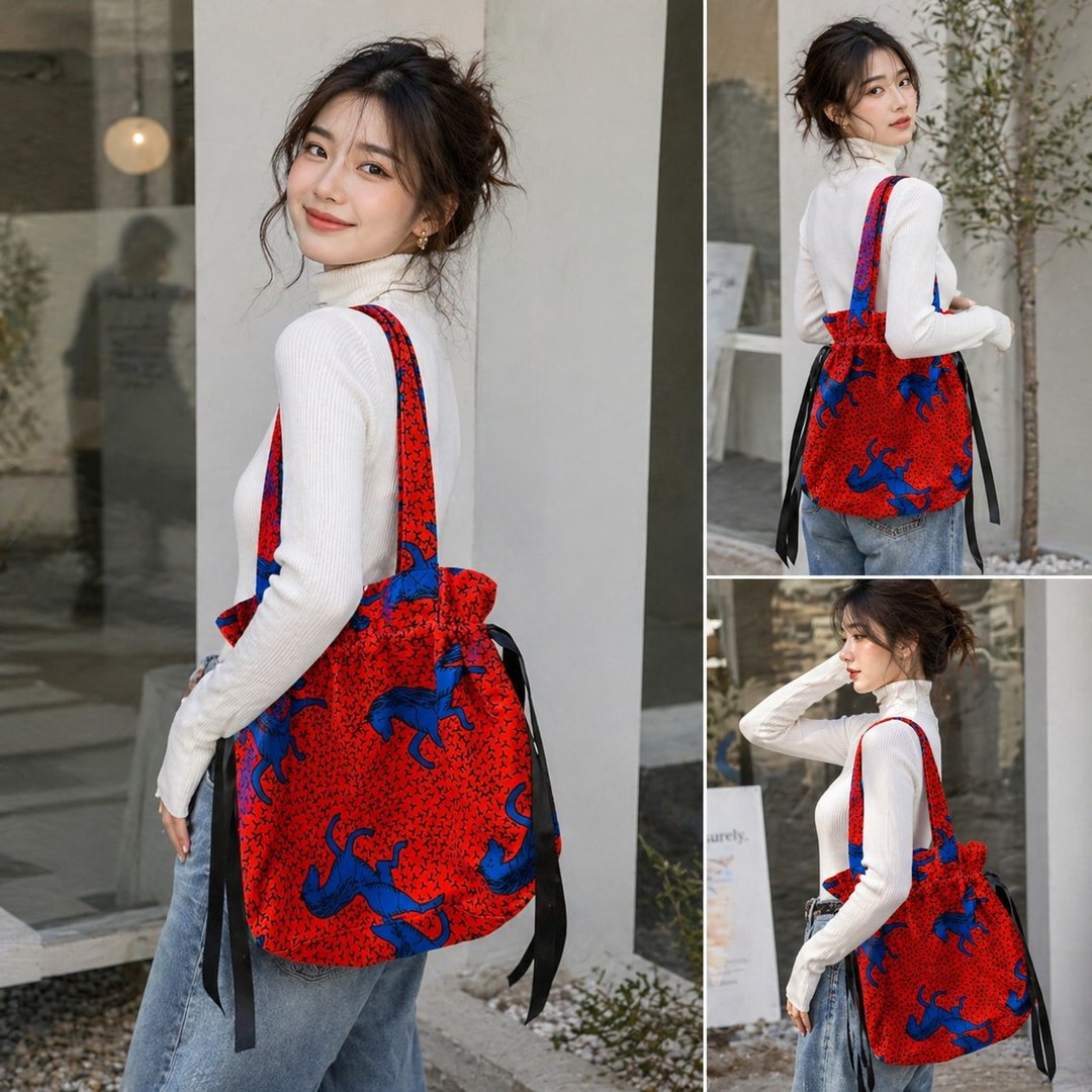 African print drawstring bag, shoulder bag, Ribbon drawstring bag African print - 束口袋双肩包 - 棉 红色