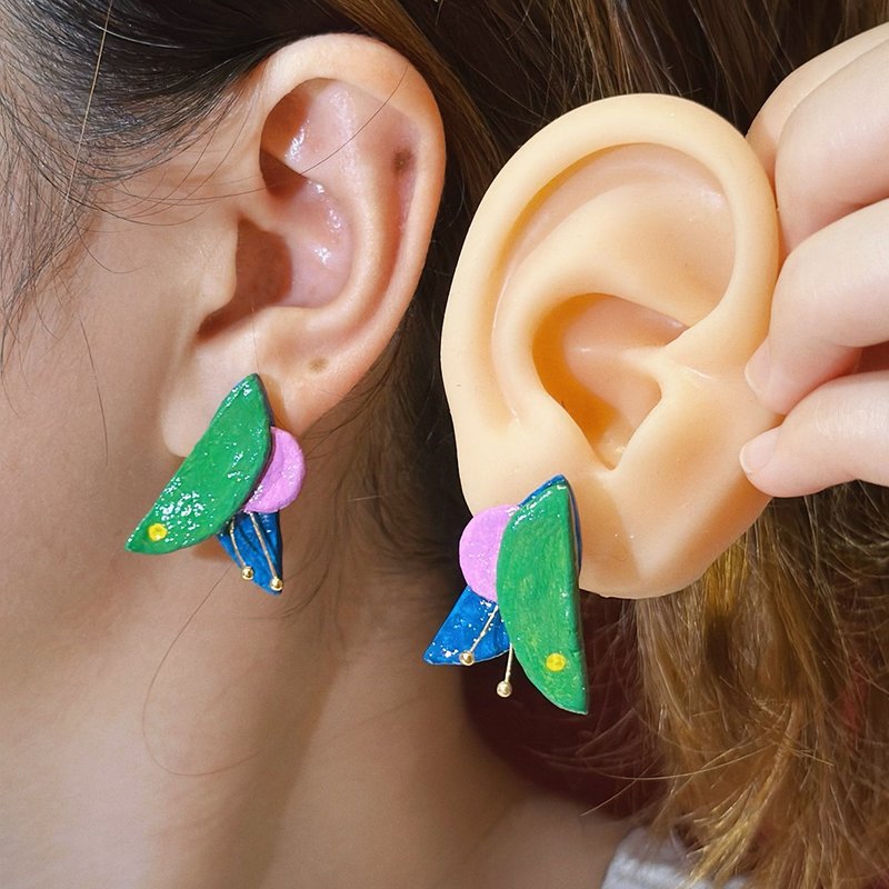 自然力 小鸟抽象蝴蝶耳钉 无耳洞耳夹 原创手作粘土首饰 - 耳环/耳夹 - 粘土 绿色
