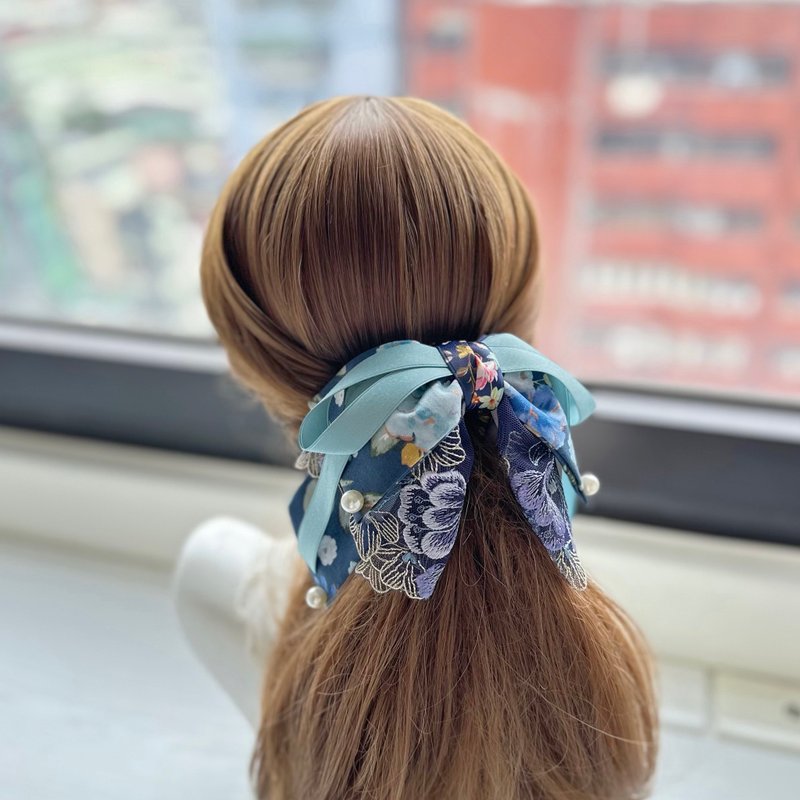 蝴蝶结蕾丝鲨鱼夹抓夹相交夹发夹发饰头饰-深蓝色+蓝绿色 - 发饰 - 其他材质 蓝色