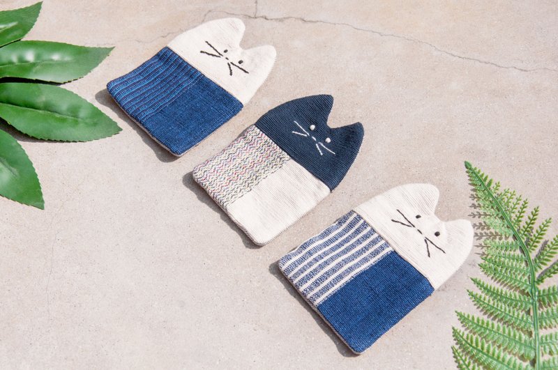 手工织布零钱包/收纳包/悠游卡/杂物包/耳机收纳袋-蓝染刺绣猫咪 - 零钱包 - 棉．麻 蓝色