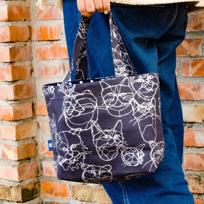 【Ella&Co. X 嘿嘿手创】【日本名师厚棉麻】烫银款猫象散步包 - 手提包/手提袋 - 棉．麻 黑色