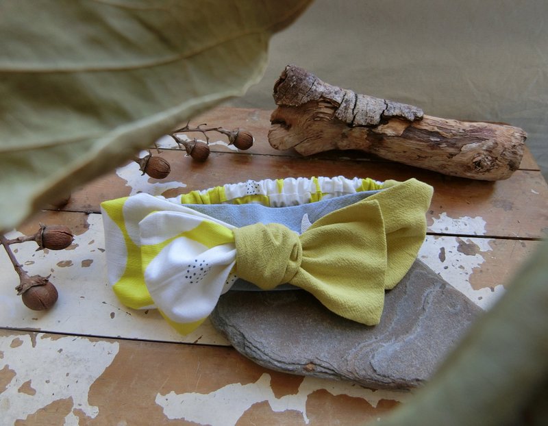 蝴蝶结 发带 黄水蓝 - 发带/发箍 - 棉．麻 黄色