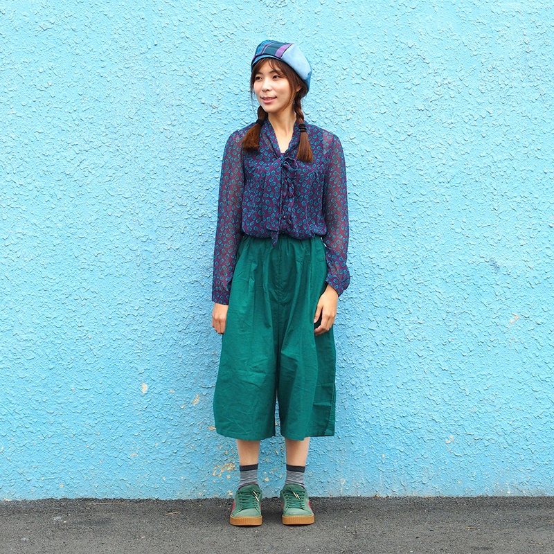 小牛村古着 长袖衬衫 蝴蝶结领 荷叶 纺纱【蓝紫宝石】 V-29 - 女装衬衫 - 棉．麻 紫色