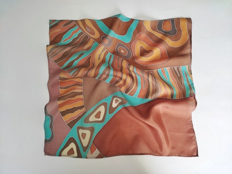 Brown with turquoise silk scarf hand painted batik Small square silk scarves - 丝巾 - 丝．绢 咖啡色