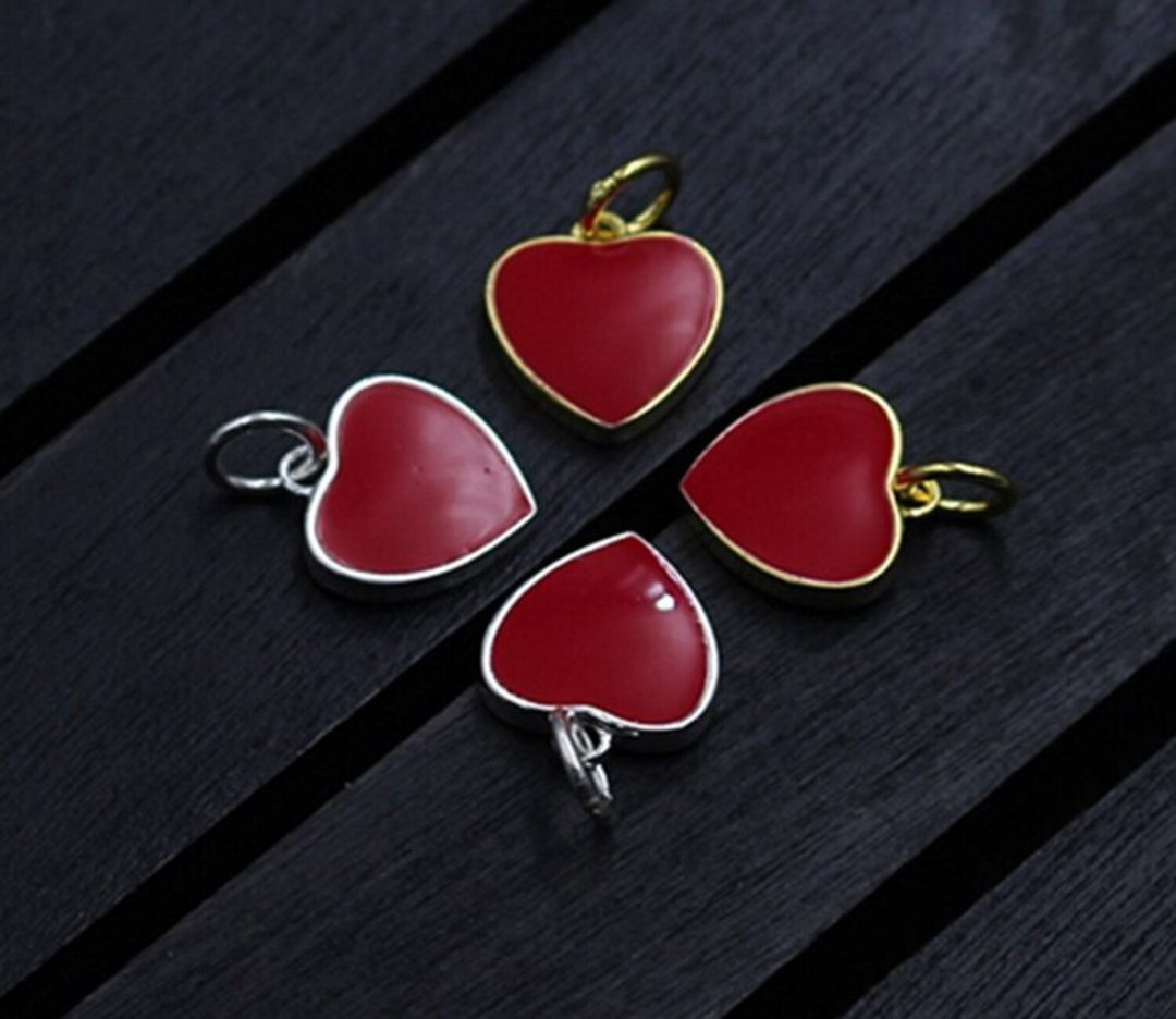 Real S925 Sterling Silver Hearts Enemal Charms Accessories Jewelry DIY Red LOVE - 长链 - 纯银 银色