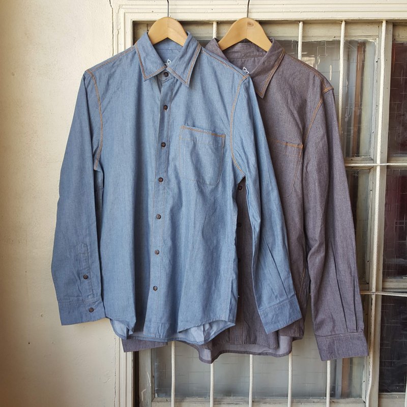 Vintage 微磨毛 丹宁 纯棉 仿旧 休闲 长袖衬衫 - 男装衬衫 - 棉．麻 蓝色