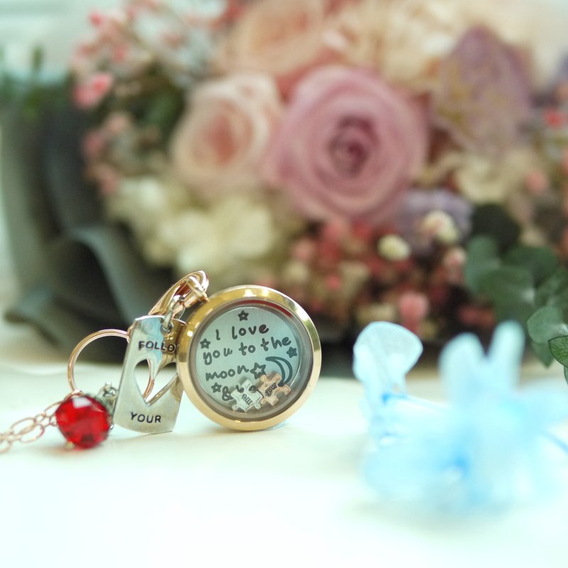 定制化 母亲节 玻璃吊坠 玫瑰金色 合金 吊坠 长项链 毛衣链 项链 我爱你 花 心形 Love you Personalized Glass Locket Necklace - 项链 - 其他金属 橘色