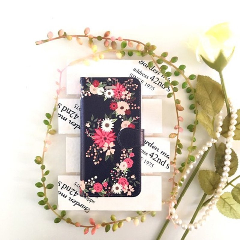 pajour) Navy retro botanical flower garden pattern notebook type case without bijou [Autumn / Winter] [Floral pattern] - 手机壳/手机套 - 真皮 蓝色