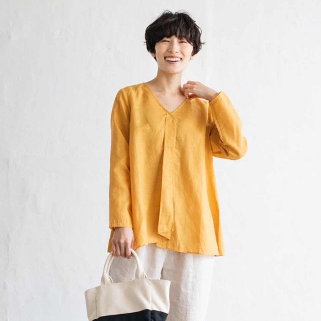 展现清爽气息的长袖衬衫 莱赛尔亚麻 轻薄 姜黄色 230211-3 - 女装上衣 - 棉 