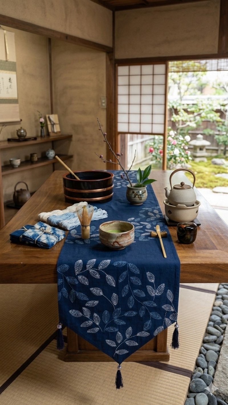 云南植物染扎染桌旗/茶席布置 - 餐垫/桌巾 - 棉．麻 蓝色