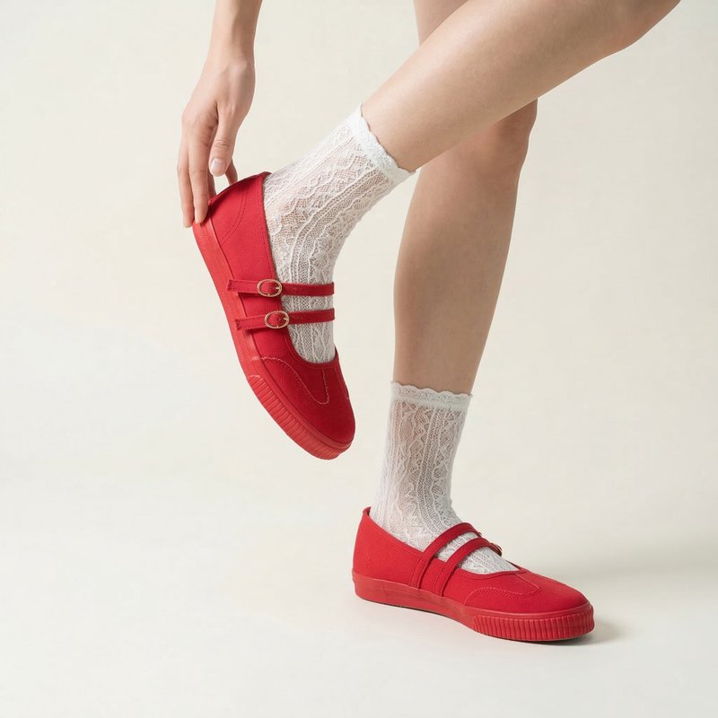 小漫玛莉珍鞋 (宽楦) 双扣帆布娃娃鞋 - 红 台湾制造 - 芭蕾鞋/娃娃鞋 - 棉．麻 红色