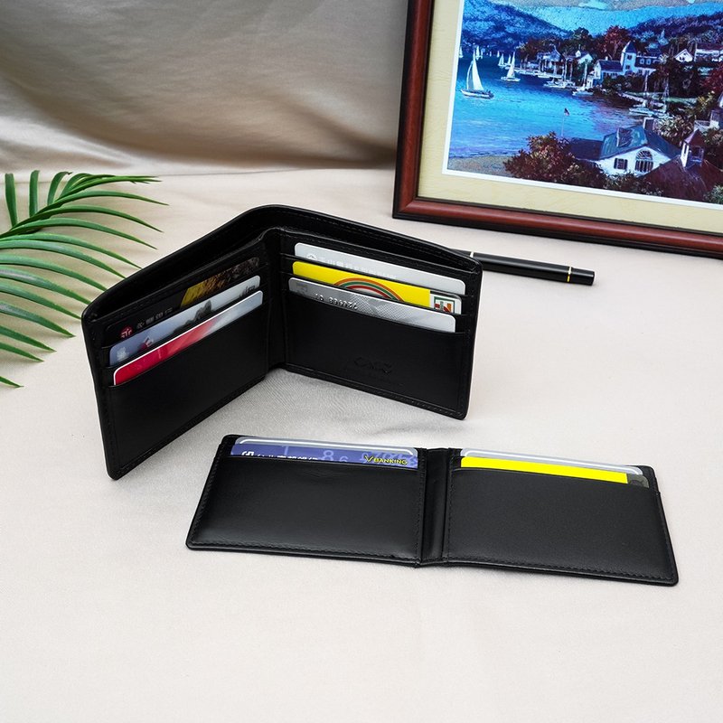 12卡2照编织压纹左右翻可拆式牛皮短夹 - 皮夹/钱包 - 真皮 黑色