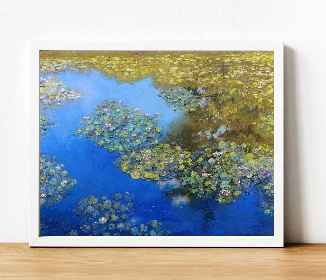 睡莲油画 原创艺术品 池塘油画 抽象花卉艺术 - 墙贴/壁贴 - 其他材质 蓝色