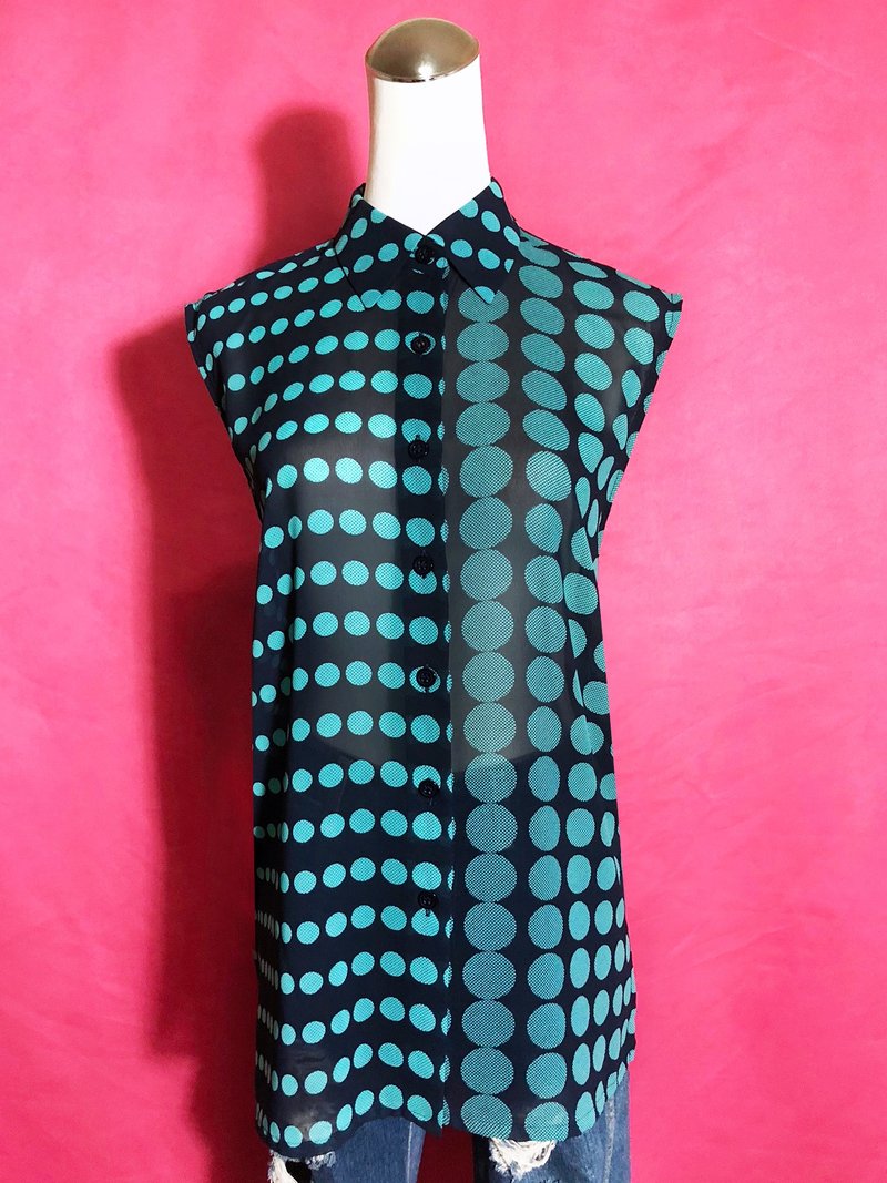 湖水绿点点雪纺无袖古着衬衫/ 国外带回 VINTAGE - 女装衬衫 - 聚酯纤维 蓝色