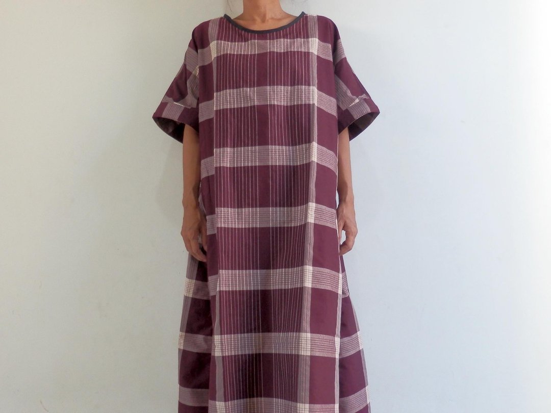 One piece dress made with check salon / Bordeaux - 洋装/连衣裙 - 棉 