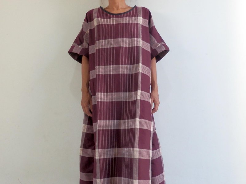 One piece dress made with check salon / Bordeaux - 洋装/连衣裙 - 棉．麻 
