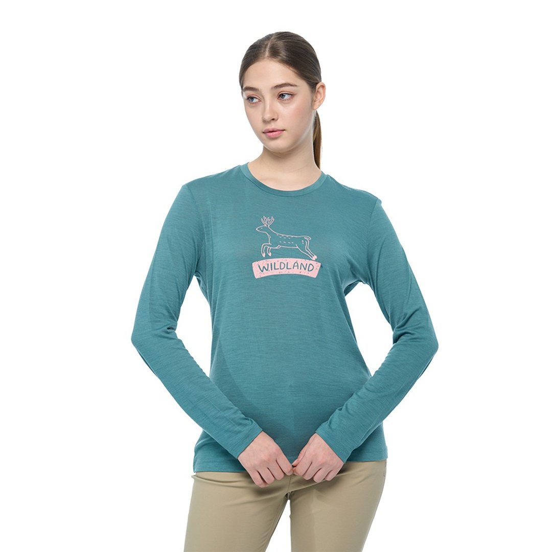 【Wildland 荒野】100%美丽诺长袖上衣 女 莫兰迪蓝 0B02601-141 - 女装针织衫/毛衣 - 羊毛 