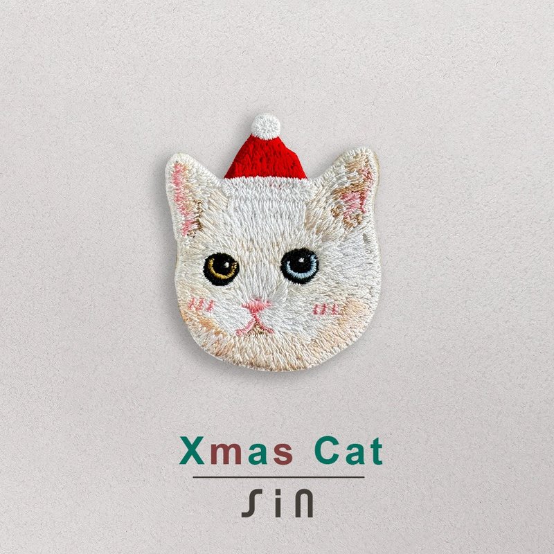 单卡圣诞小猫-刺绣贴纸-异色瞳白猫(XHC0003) - 贴纸 - 绣线 红色