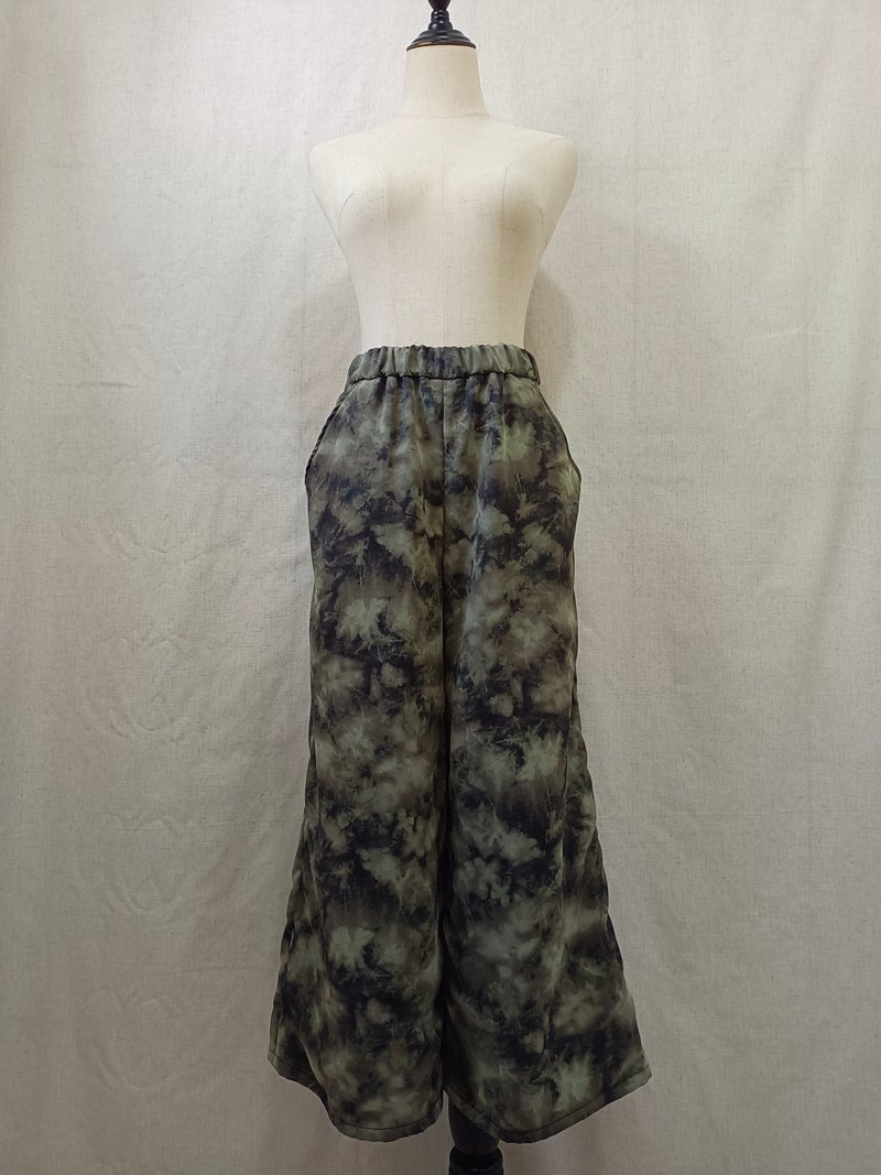 Designer collection 米灰色仿绑染印花透纱及踝宽裤 - 中性裤装 - 棉．麻 灰色