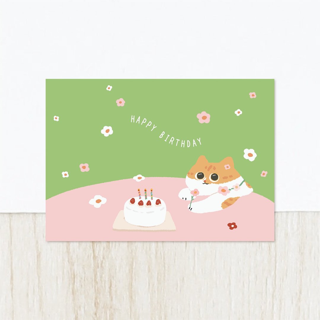 森蕗插画 韩系蛋糕款 可爱猫咪生日卡片 双面明信片 生日快乐 - 卡片/明信片 - 纸 