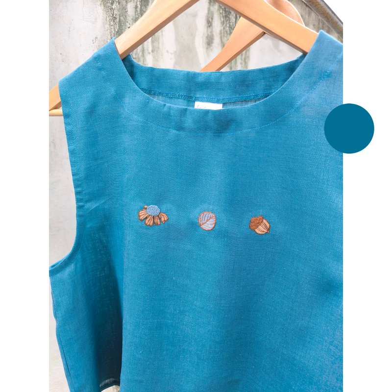 刺绣 | 亚麻 | 海军蓝无袖上衣 - 女装上衣 - 棉．麻 