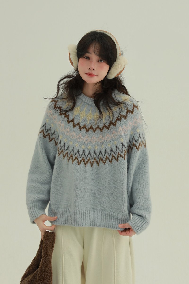 3顏色 雲朵布丁 套頭費爾島毛衣 復古提花長袖保暖針織衫上衣 - 女装针织衫/毛衣 - 聚酯纤维 蓝色