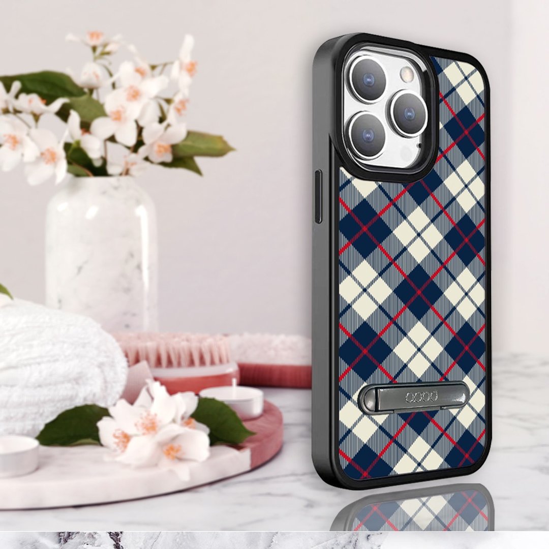 iPhone 15 14系列 军规防摔铝合金镜头框立架手机壳-苏格兰纹蓝 - 手机壳/手机套 - 其他材质 多色