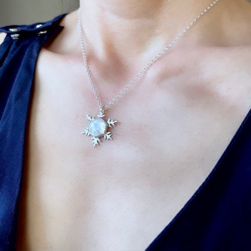 雪花项链 月光石 纯银 925 - 项链 - 纯银 银色