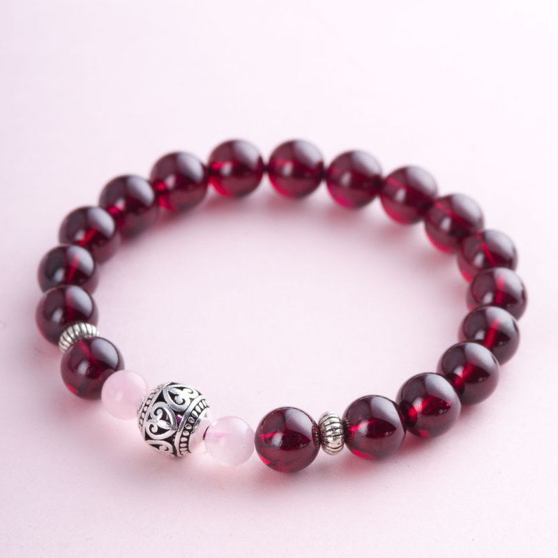 5A 石榴石粉水晶手链 | 925纯银天然水晶手链 - 手链/手环 - 水晶 红色